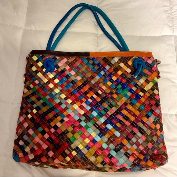 Multicolor Woven Tote with Blue Handles - Picture 2 of 6